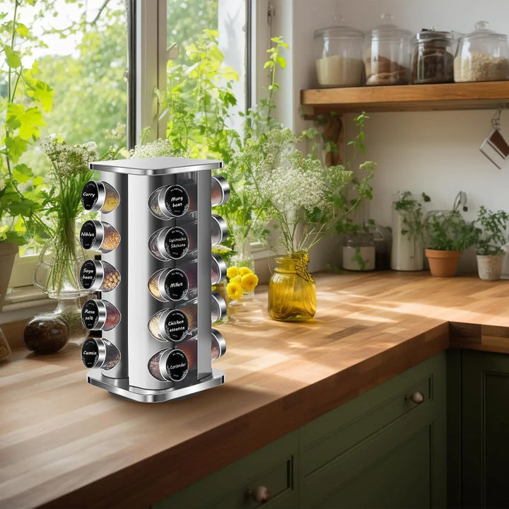 360° Rotating Spice Rack with 20 Glass Jars